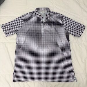 collars & co. navy blue and white gingham print half button shirt